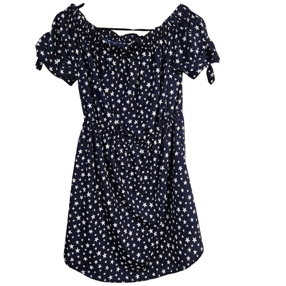 Hint of Blush Star Print Off Shoulder Tie Sleeve Mini Dress Medium Navy, Summer